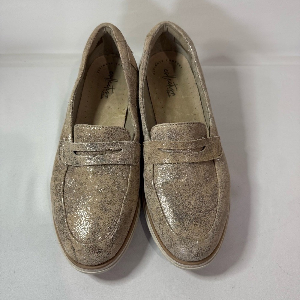Clarks Sharon Ranch Penny Loafer Platform Suede Gold Pewter  Metallic‎ Size 9